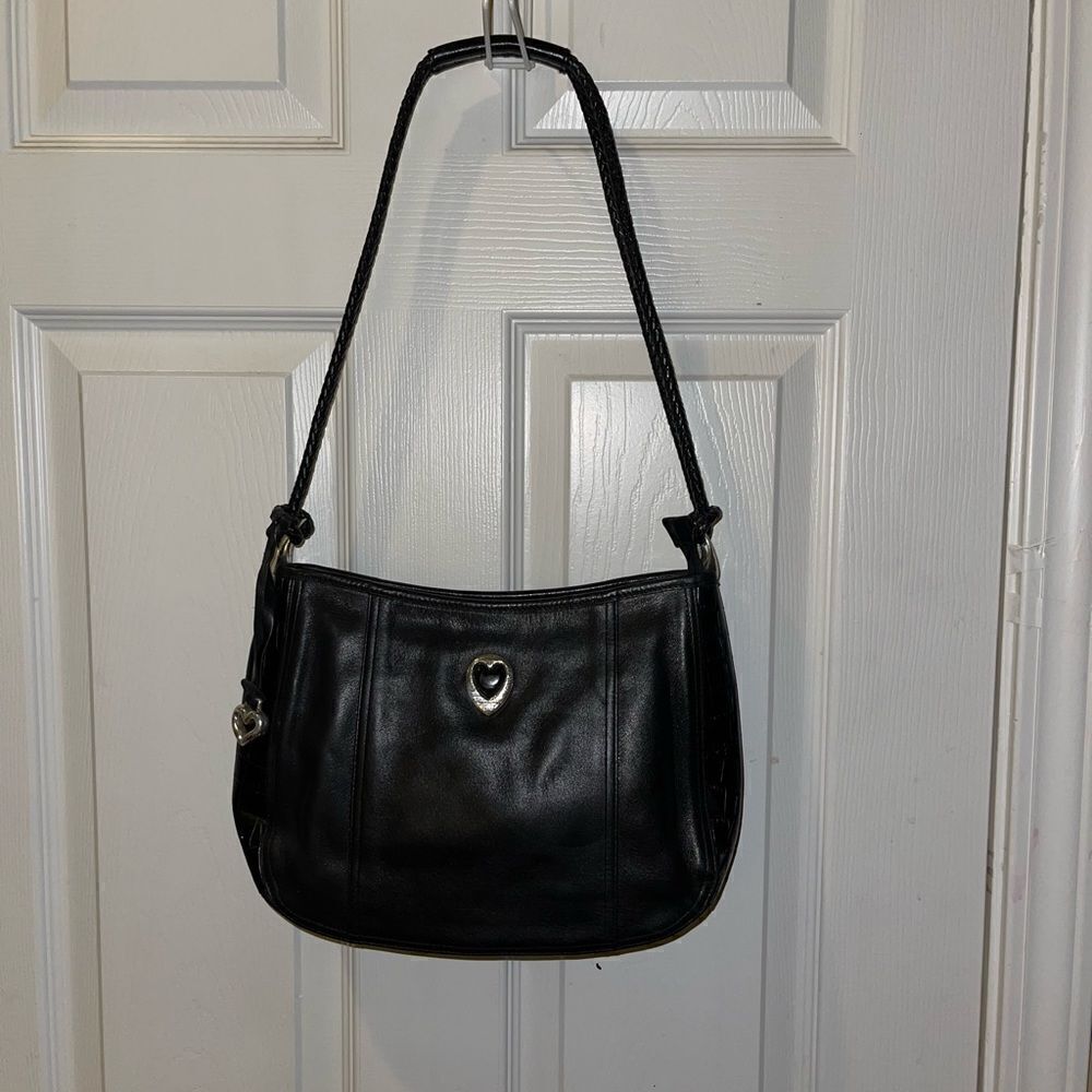 Brighton leather Black medium shoulder bag braided strap croc print sides .